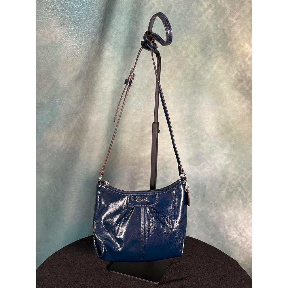 Coach Ashley Navy Blue Patent Leather Crossbody Bag Pleated Lavender Lining